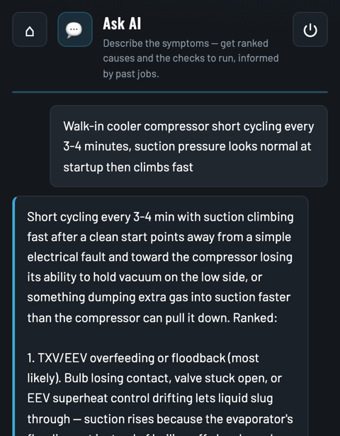 WireWeazel Ask AI showing ranked likely causes for a reported symptom